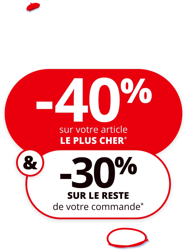 -40% sur l’article le plus cher & -30% sur tout le reste  avec le code 2065